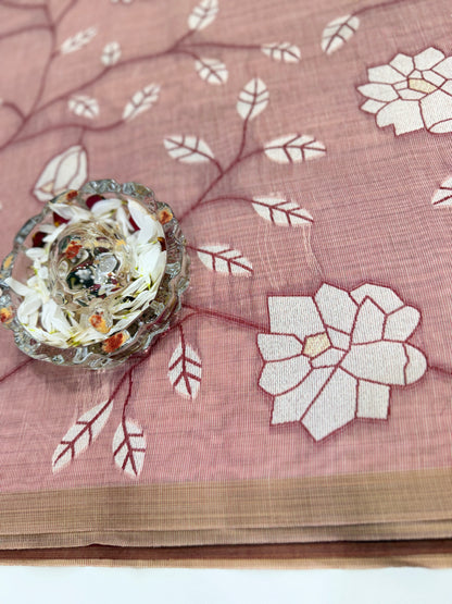 Linen printed saree with floral vine design, contrast border and tassel pallu, women’s daily wear saree