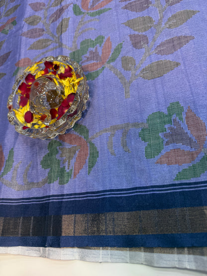 Raw tussar silk saree with smart floral design and soft marmo finish, printed border saree