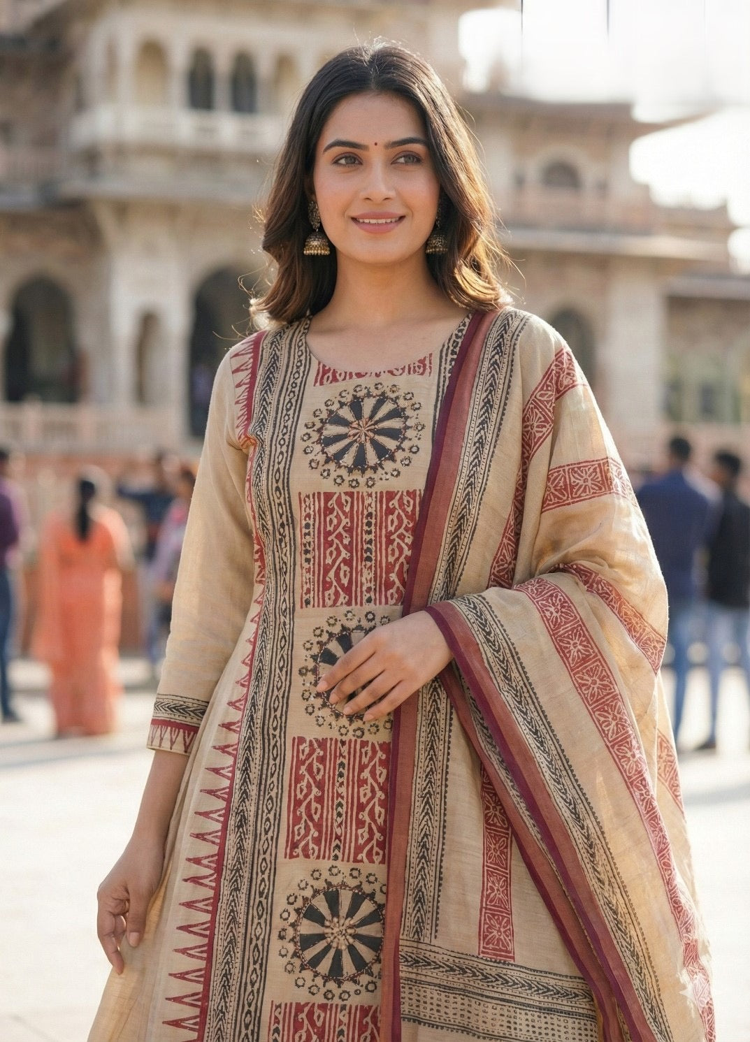 Soft Tussar Printed Kurta Pant Dupatta Set for Women with Ethnic Border Design and Tassel Dupatta