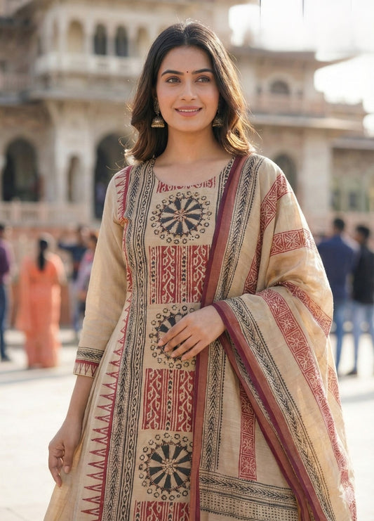 Soft Tussar Printed Kurta Pant Dupatta Set for Women with Ethnic Border Design and Tassel Dupatta