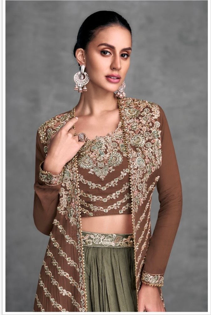 Real Chinon Embroidered Skirt and Top Set with Cancan – Free Size Stitched Festive Wear for Women