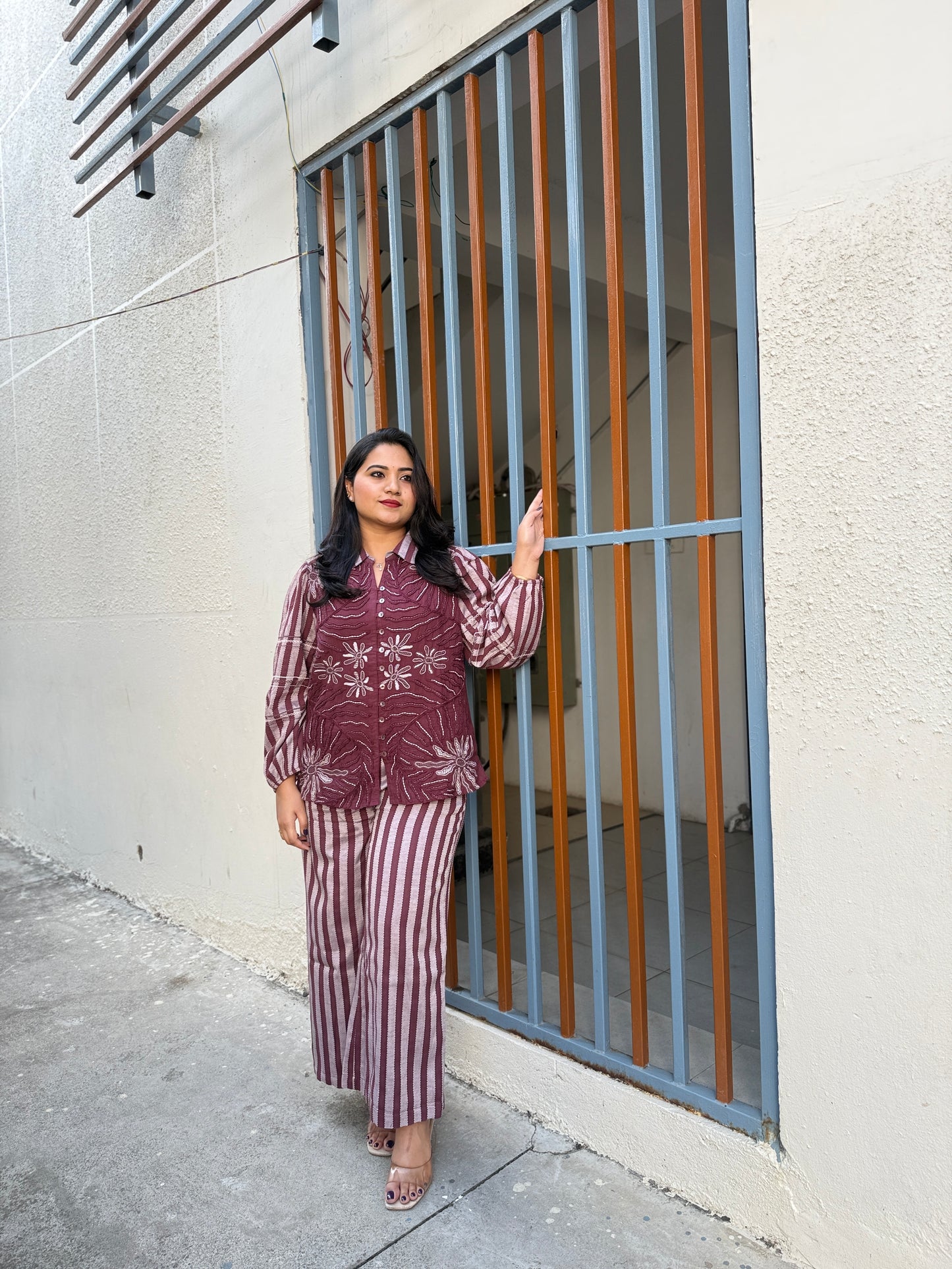 Women’s cotton striped hand-embroidered shirt and wide-leg pant co-ord set, wine and grey, size 38–44