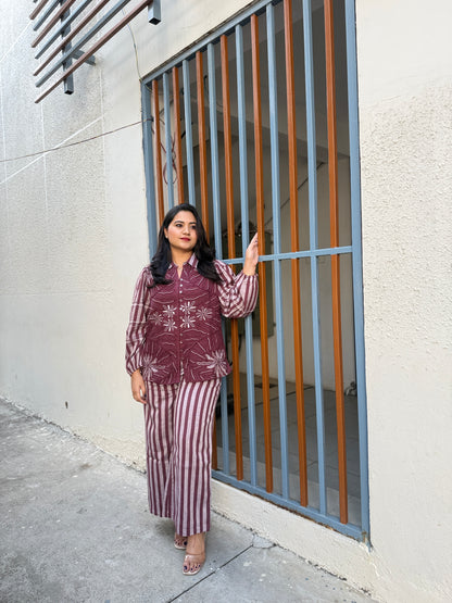 Women’s cotton striped hand-embroidered shirt and wide-leg pant co-ord set, wine and grey, size 38–44