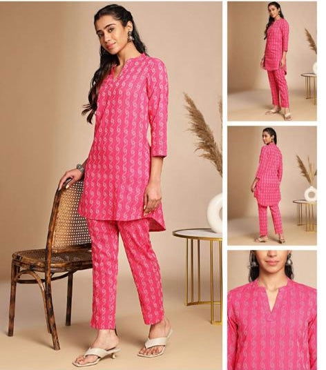 Pink cotton printed kurta pant set for women with notched neckline and 3/4 sleeves – casual wear