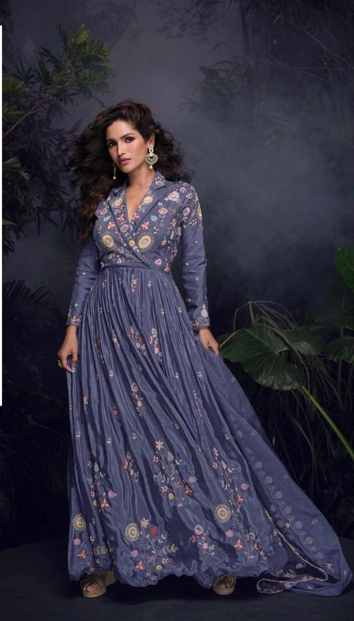 Real Chinon Silk Embroidered Gown Set with Embroidered Organza Dupatta – Free Size for Women