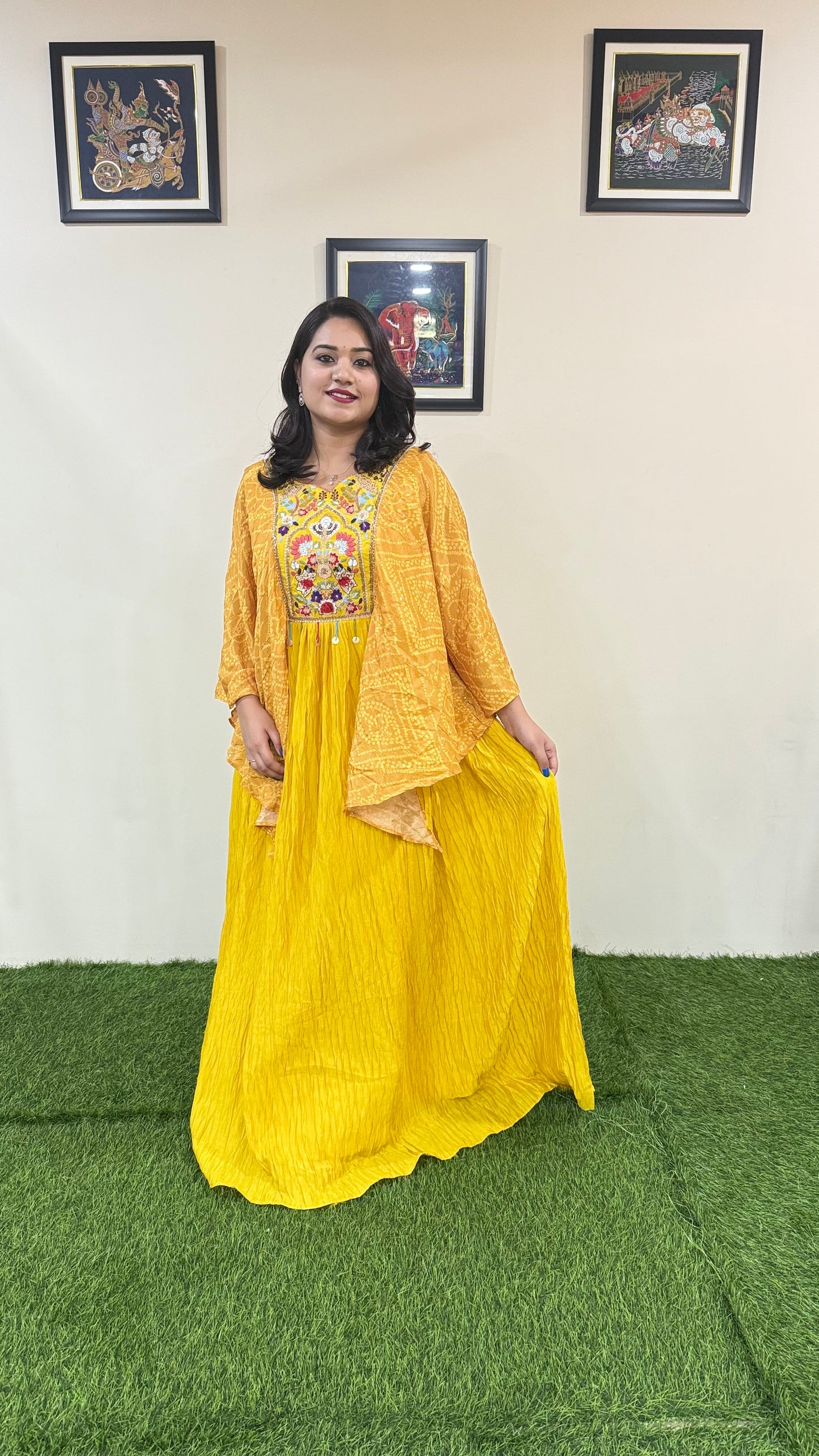 Real Chinon Silk 3-Piece Ethnic Set with Hand Moti Embroidery and Digital Sleeves – Free Size