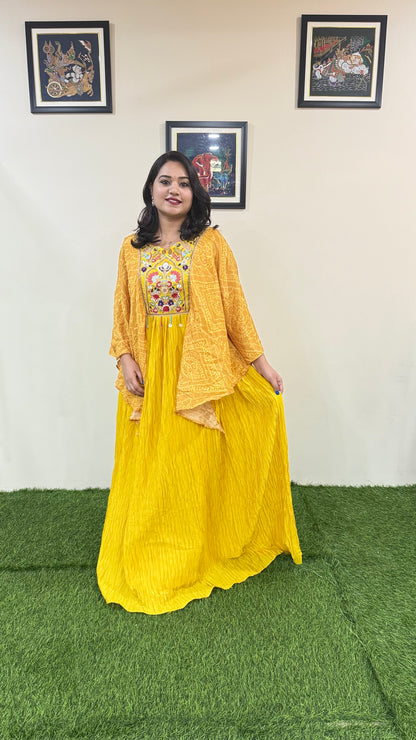 Real Chinon Silk 3-Piece Ethnic Set with Hand Moti Embroidery and Digital Sleeves – Free Size