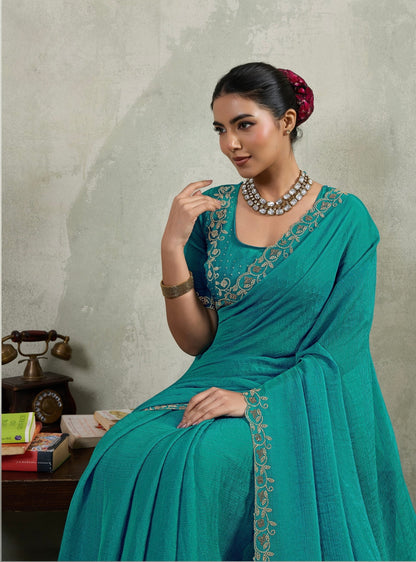 Velvet Chiffon Saree with Dual Tone Zarkan Work and Designer Blouse – Partywear Saree for Women