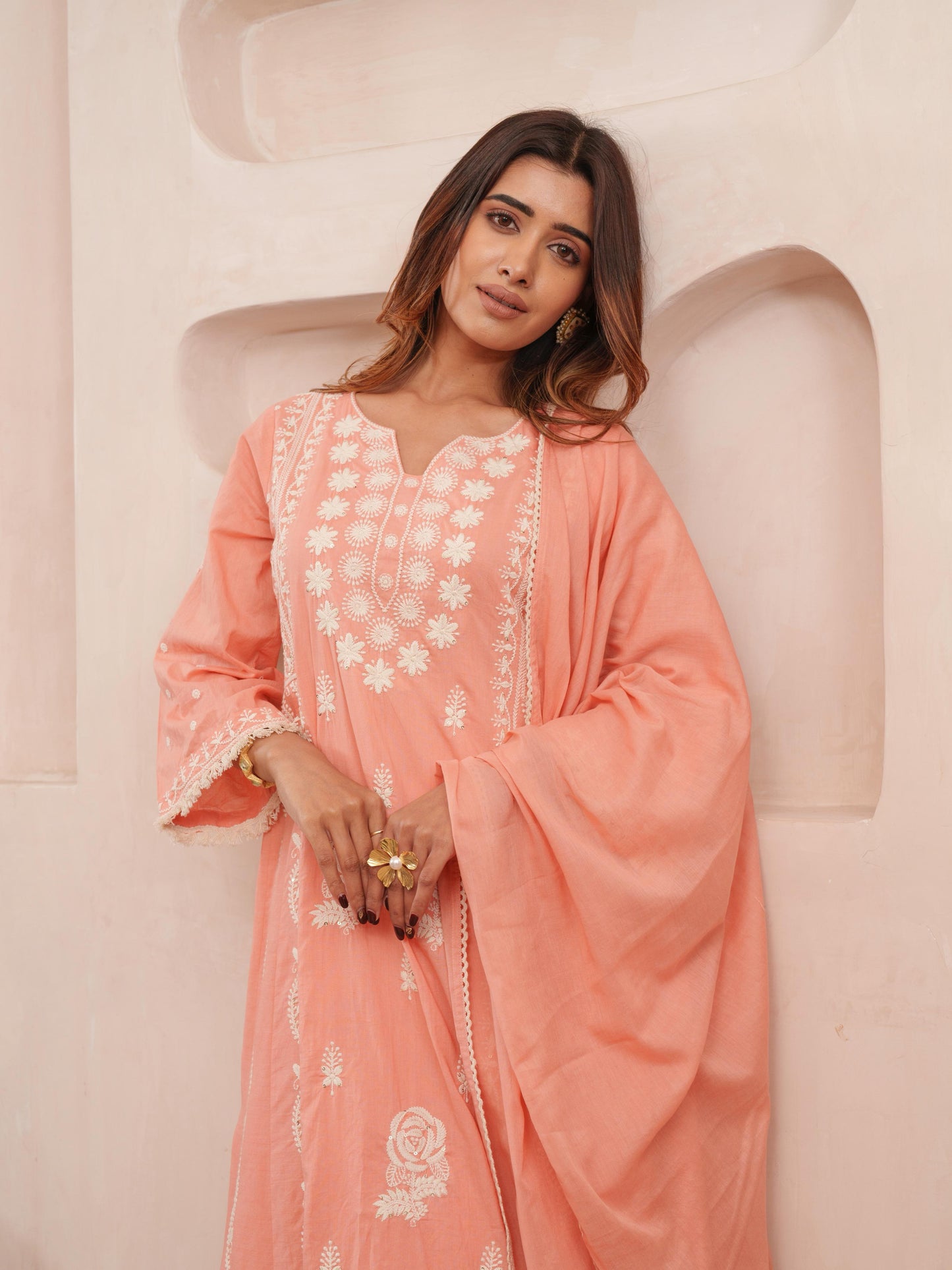 Chikankari Cotton Kurta Pant Dupatta Set with Lace Detailing for Women – Peach Tone