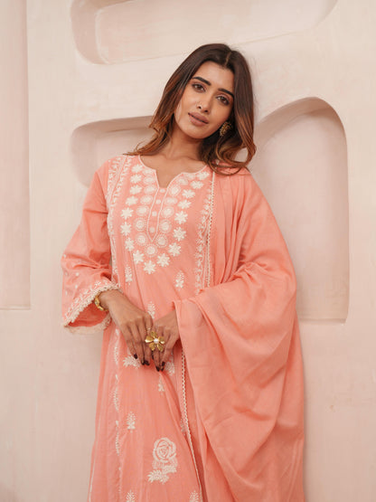 Chikankari Cotton Kurta Pant Dupatta Set with Lace Detailing for Women – Peach Tone