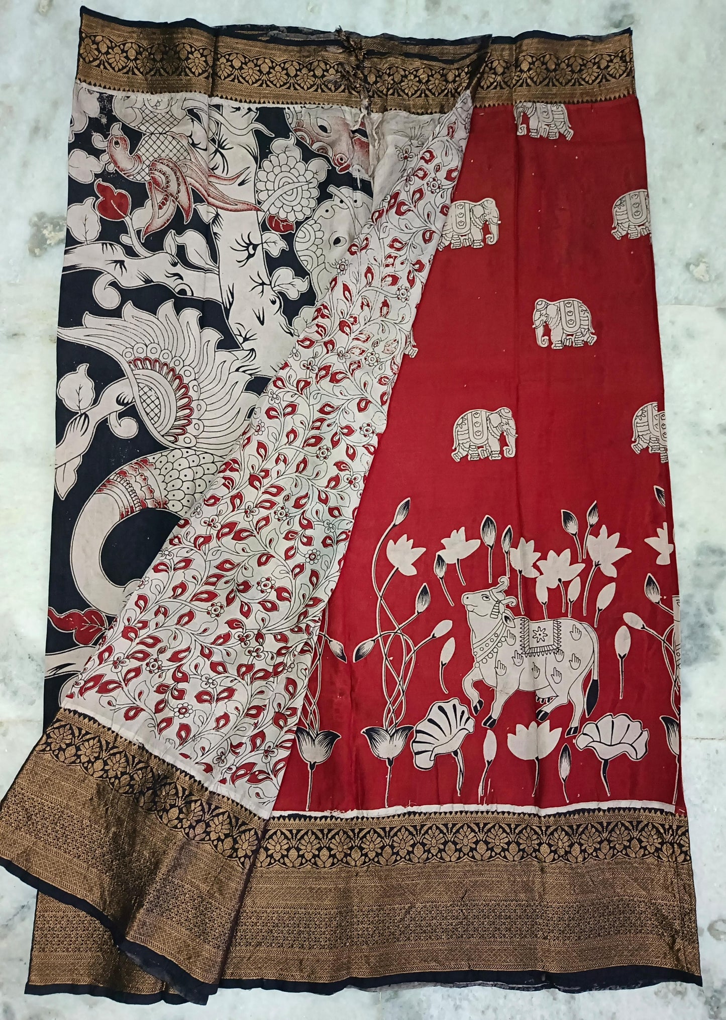 Handloom Nellore Silk Saree for Women – Kalamkari Print with Kanchi Border and Blouse Piece