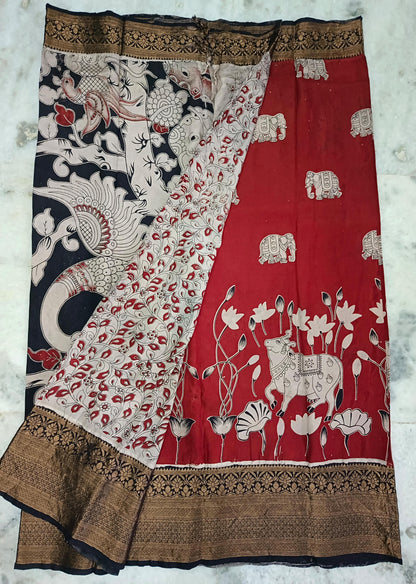Handloom Nellore Silk Saree for Women – Kalamkari Print with Kanchi Border and Blouse Piece