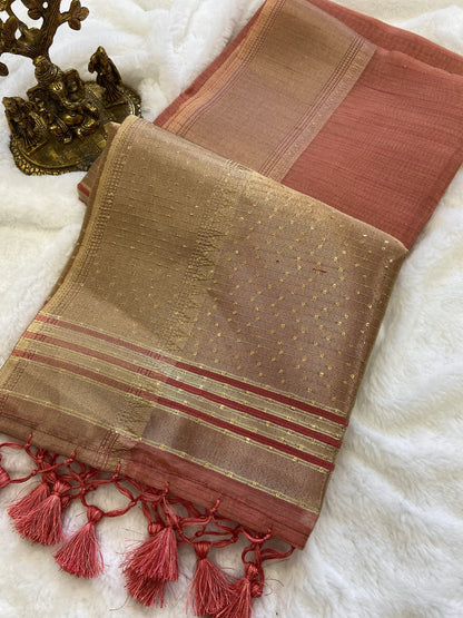 Soft Banarasi Tissue Silk Saree with Sequin Pallu, Gold Border and Running Blouse
