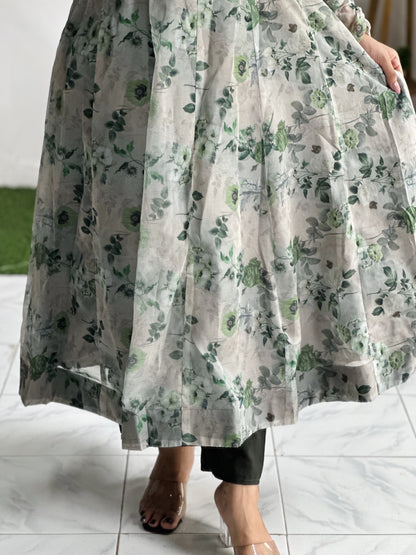 Organza Silk Anarkali Suit Set with Kali Cut, Canvas Patta, Cotton Pants and Dupatta for Women