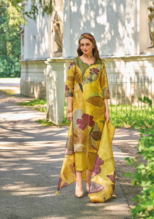 Jacquard Shimmer Kurta Pant Dupatta Set with Handwork and Digital Print Dupatta – L to 3XL