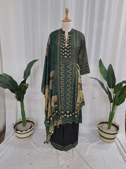 Women’s viscose silk printed kaftan kurta palazzo set with embellished neckline and cape sleeves, green, size 38–44