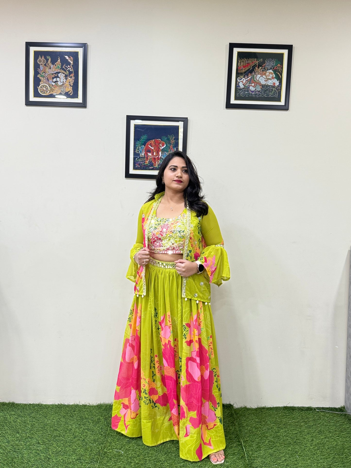 Faux Georgette Designer Lehenga Set with Mirror Work, Zari Detailing and Cowrie Shell Jacket