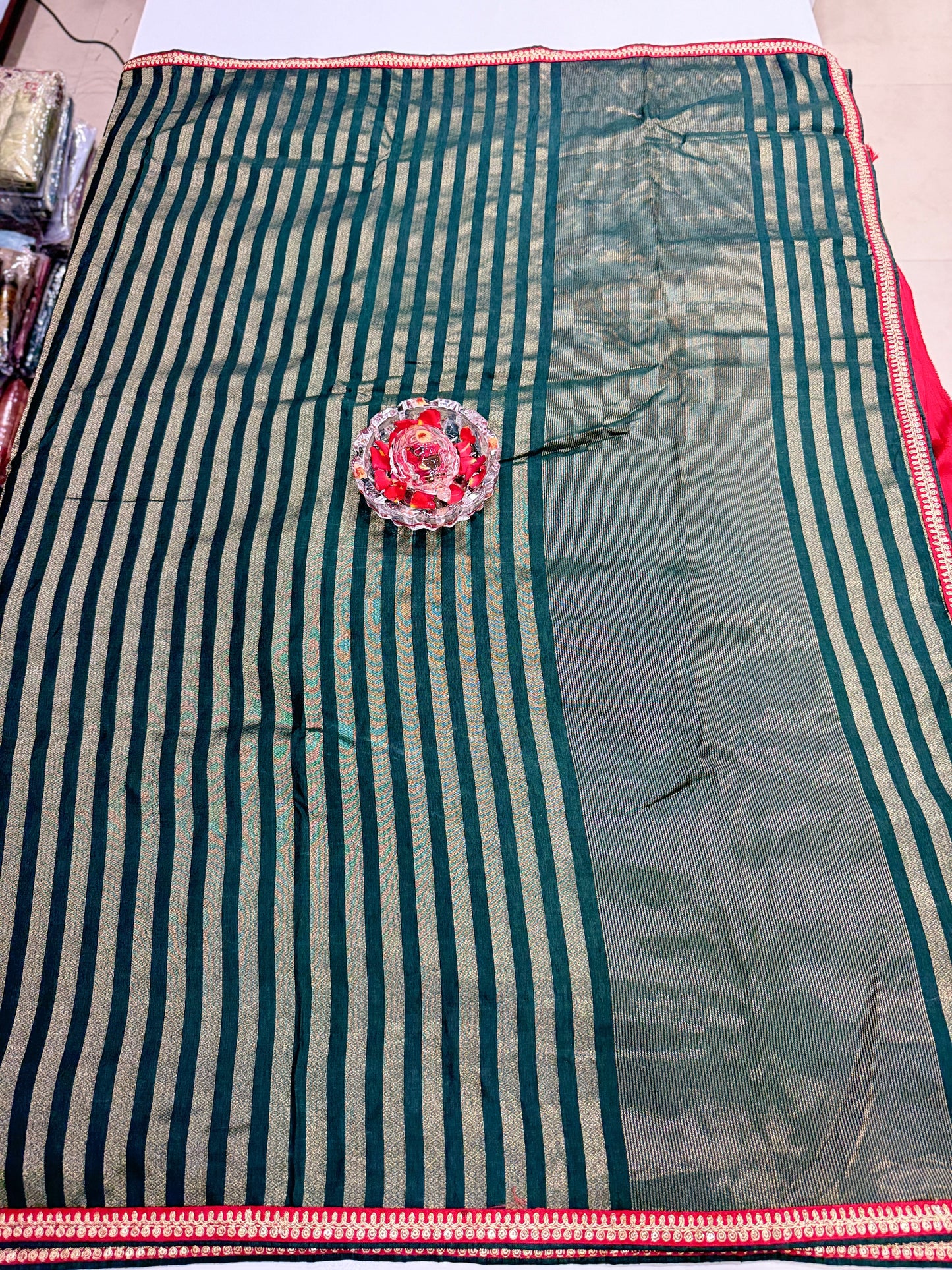 Olive Line Pattern Designer Silk Saree with Heavy Embroidery Work and Unstitched Blouse for Festive and Wedding Wear