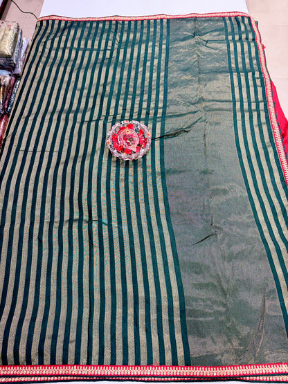 Olive Line Pattern Designer Silk Saree with Heavy Embroidery Work and Unstitched Blouse for Festive and Wedding Wear