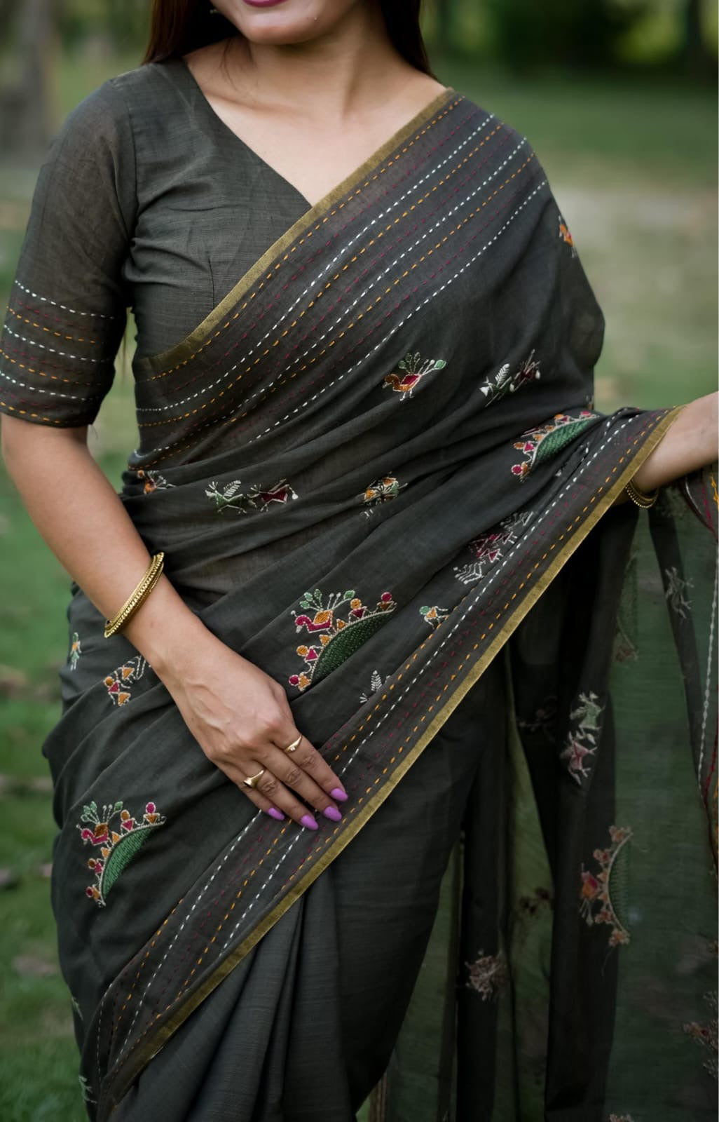 Handloom Tussar Silk Saree with Multicolour Kantha Stitch Border and Tassels – Women’s Ethnic Wear