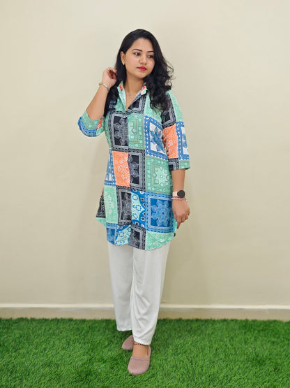 Printed Rayon Short Kurti with Stretchable Lycra Plazzo Set for Women – Digital Print, M to XXL