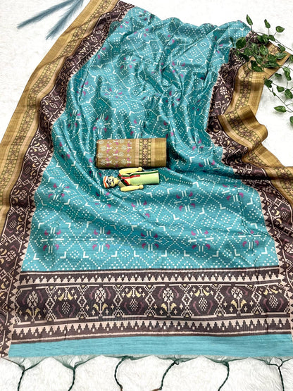 Soft Raw Silk Ikat Print Saree with Tassel Border and Contrast Blouse Piece