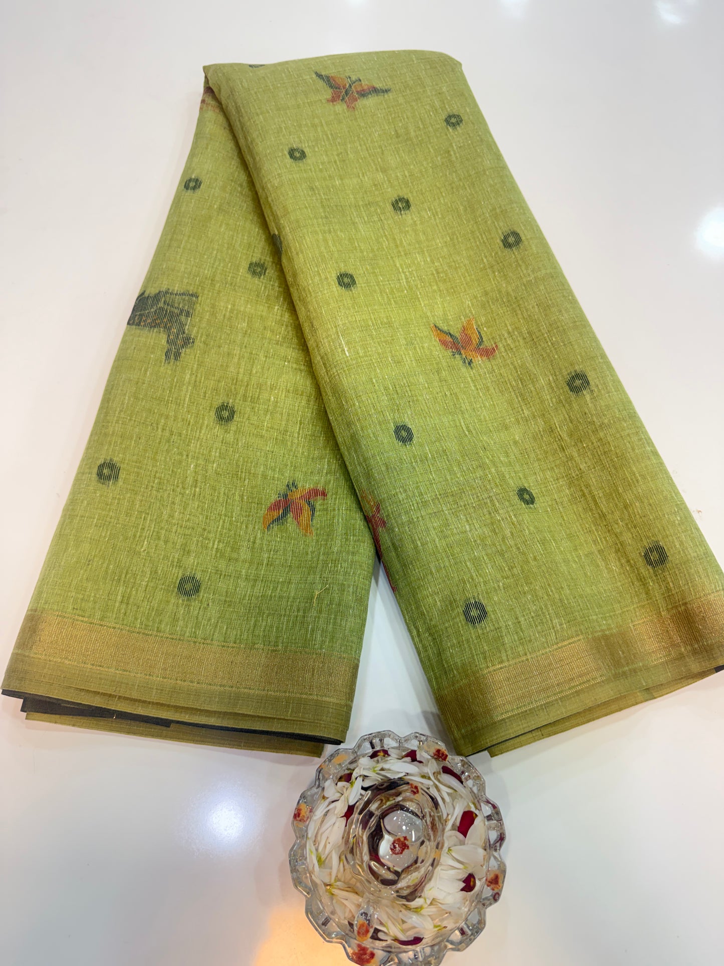 Linen Paithani style printed saree with floral tree border and tassel pallu, women’s festive daily wear saree