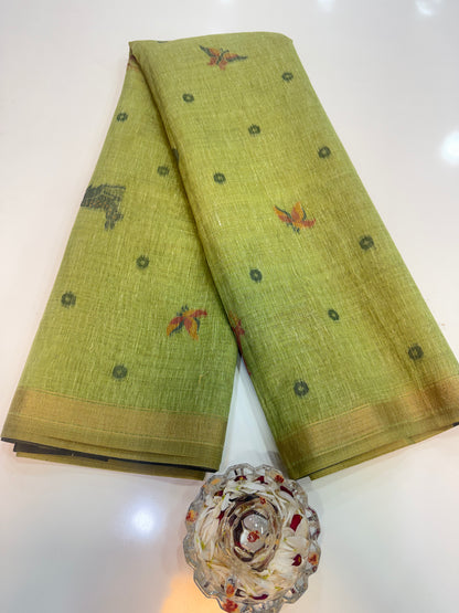Linen Paithani style printed saree with floral tree border and tassel pallu, women’s festive daily wear saree