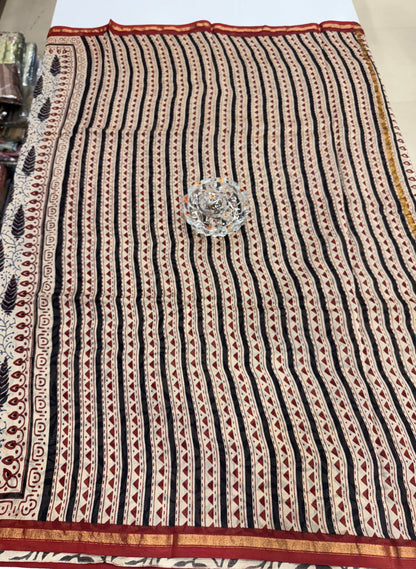 Pure Chanderi Silk Saree with Intricate Handblock Print and Blouse Piece – Traditional Wear for Women
