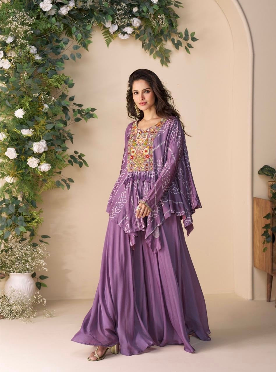 Premium Real Chinon Silk Poncho Style Embroidered Top with Palazzo – Free Size Stitched