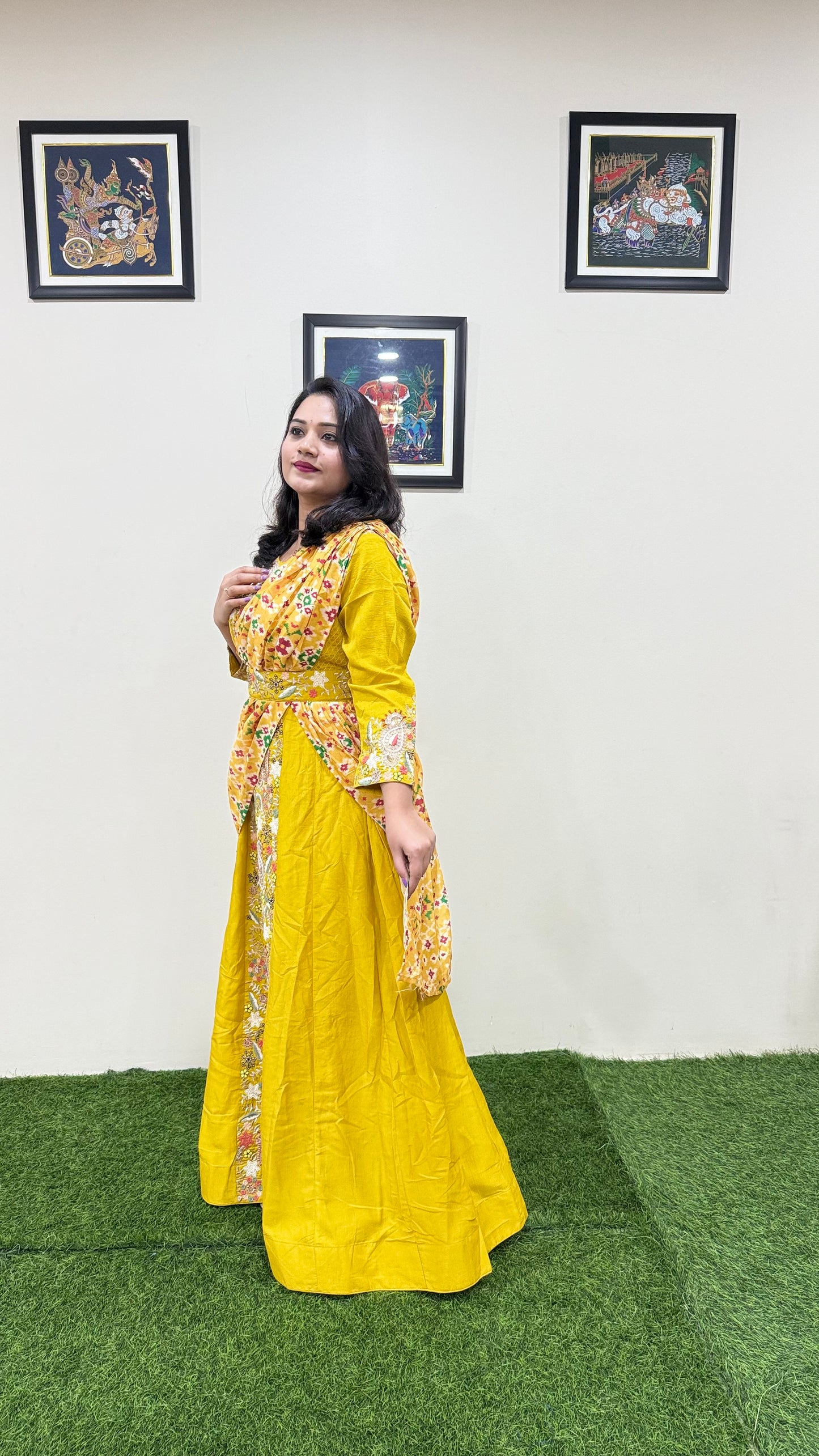 Real Chinon Silk Embroidered Ethnic Gown with Cancan and Tassel Detailing – Free Size Stitched