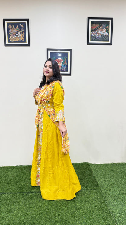 Real Chinon Silk Embroidered Ethnic Gown with Cancan and Tassel Detailing – Free Size Stitched