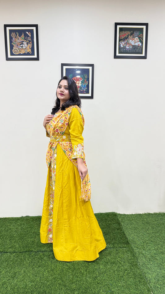 Real Chinon Silk Embroidered Ethnic Gown with Cancan and Tassel Detailing – Free Size Stitched