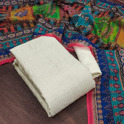 Unstitched Chanderi Dress Material with Crochet Work, Micro Fabric Bottom and Chanderi Digital Print Dupatta