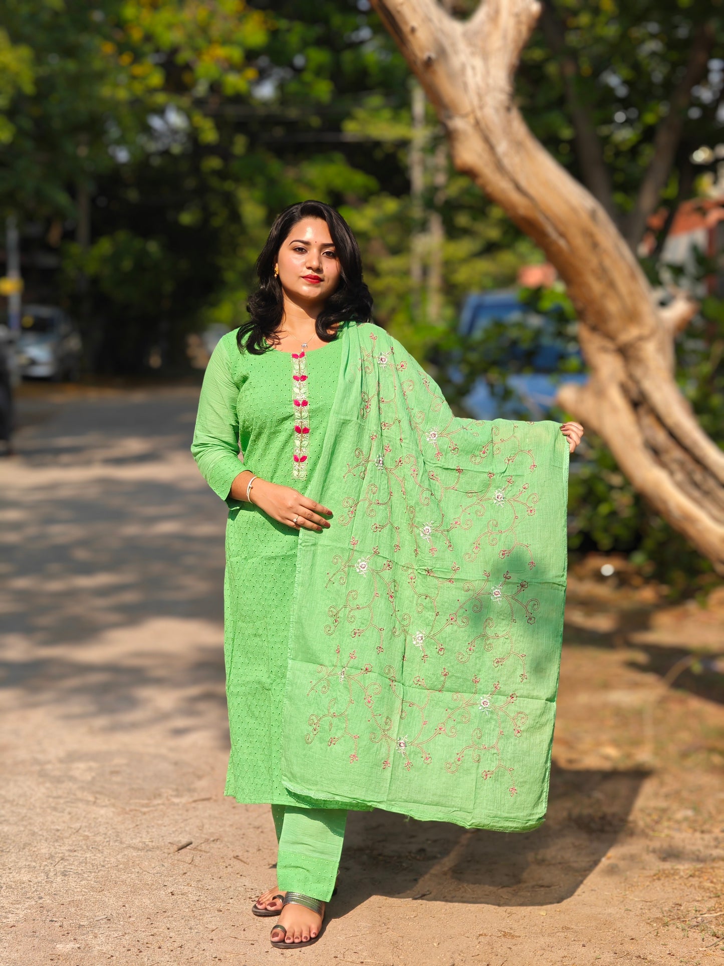 Cotton Schiffli Chikankari Kurta Set with Pants and Printed Silk Dupatta – Women’s Ethnic Wear