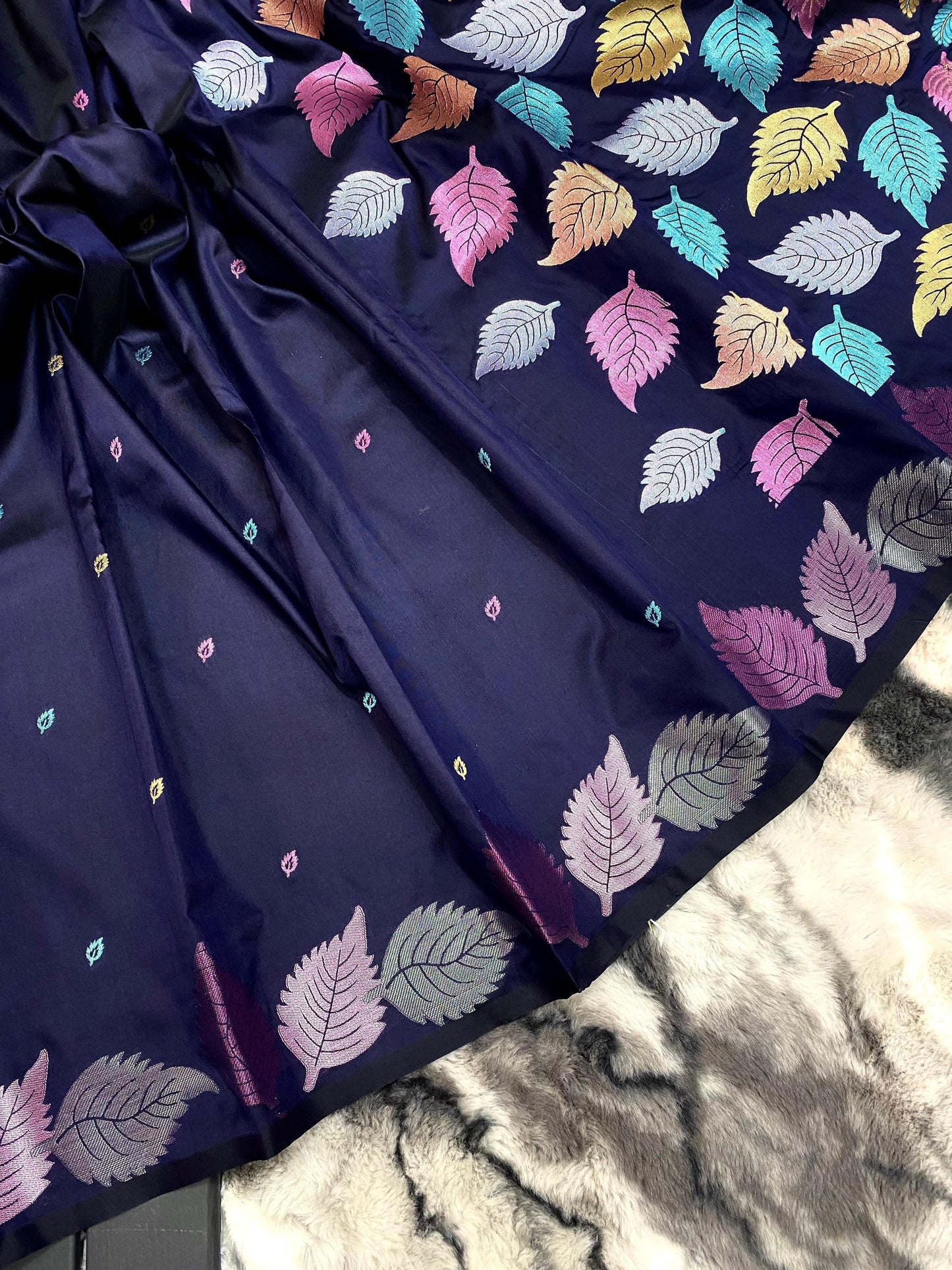 Pure Soft Silk Saree with Colorful Weaving and Leaf Panel Design