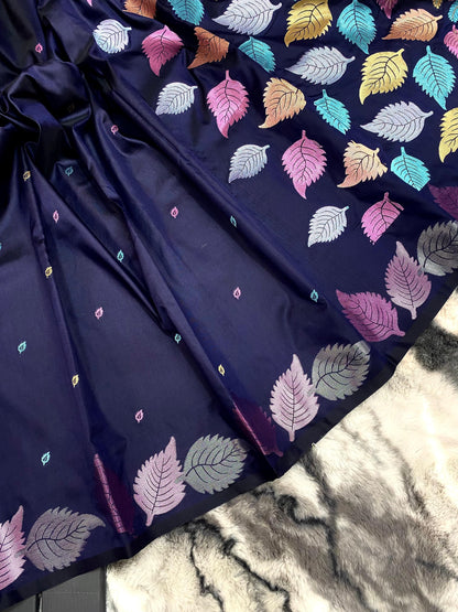 Pure Soft Silk Saree with Colorful Weaving and Leaf Panel Design