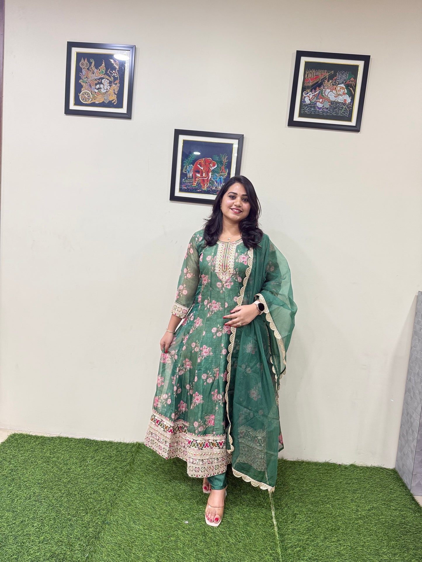 Tissue Organza Anarkali Gown with Digital Floral Print Zari Sequence Embroidery and Dupatta for Women