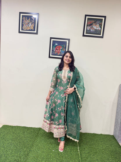 Tissue Organza Anarkali Gown with Digital Floral Print Zari Sequence Embroidery and Dupatta for Women