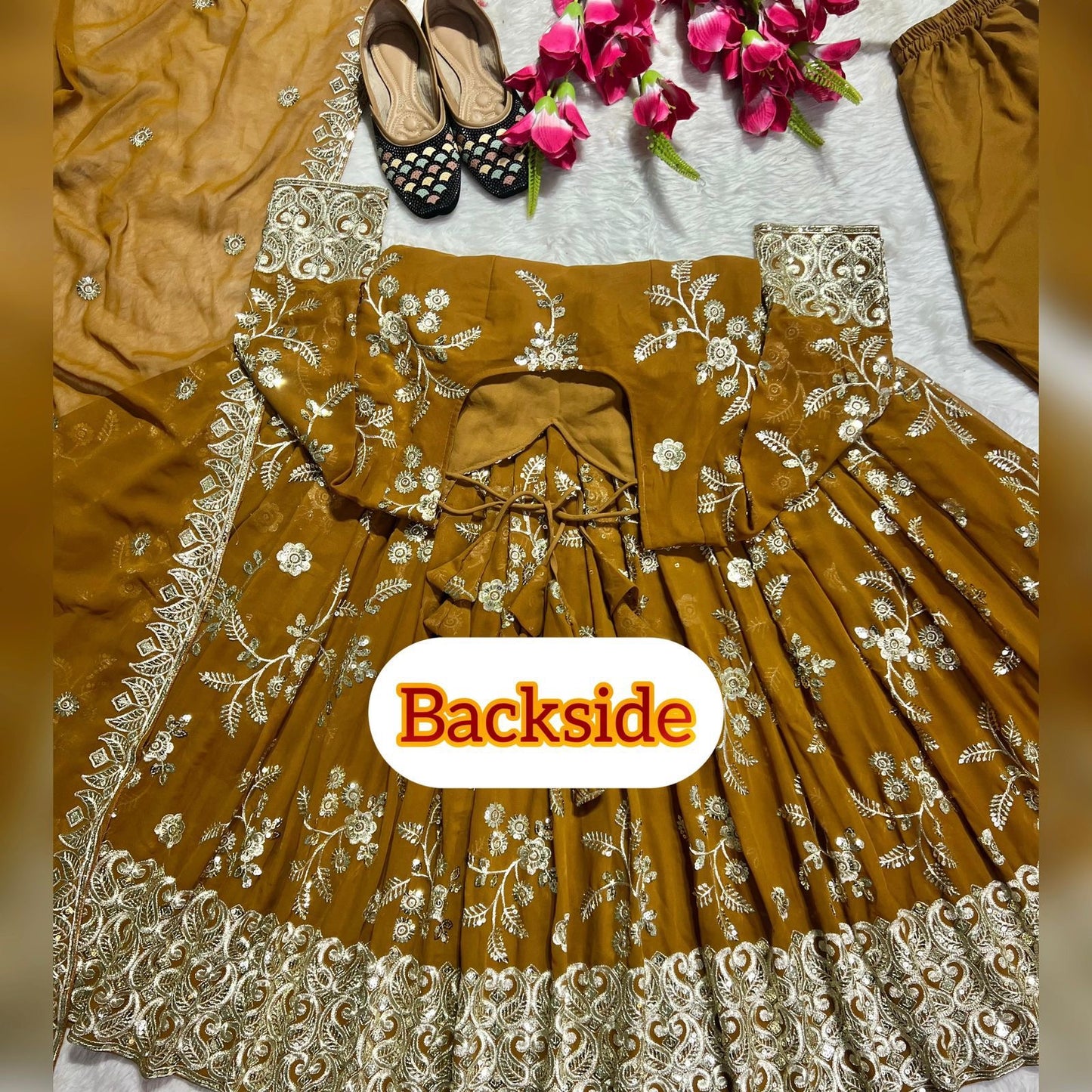 Faux Georgette Anarkali Suit with Sequins Embroidery, Cotton Pants and Dupatta for Women