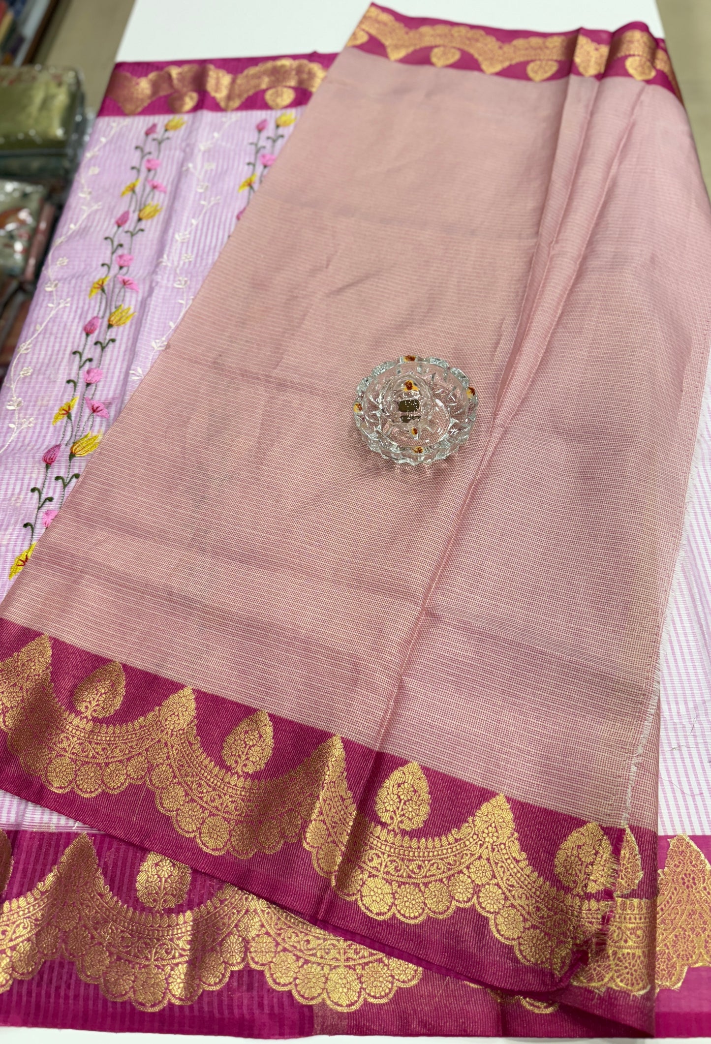 Banarasi handloom Kota check saree with mina embroidery, scalloped border and zari chit pallu