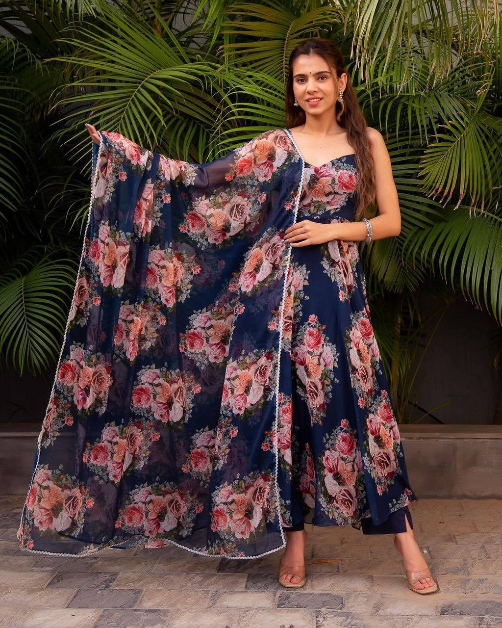 Georgette Morning Glory Anarkali Set for Women with Corset Lace Dupatta – Sizes L to XXL