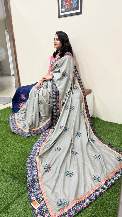 Designer Silk Saree with Embroidery Lace Work, Patchwork and Art Silk Blouse