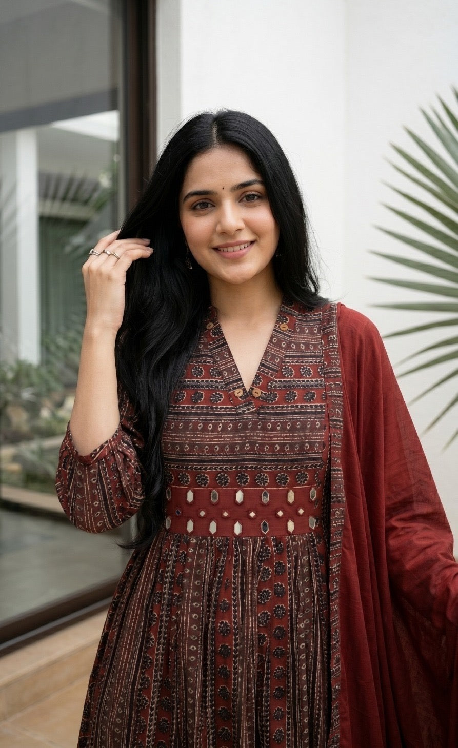 Printed Cotton Mirror Work Kurta Pant Dupatta Set Maroon