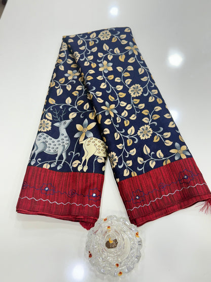 Victoria Cotton Silk Saree with Deer and Floral Print – Lightweight Traditional Cotton Silk Saree for Women
