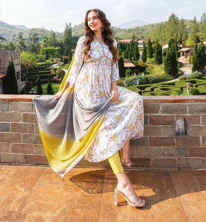 Women’s pure chinon Alia cut kurti set with handwork and shaded nazmin dupatta – festive ethnic wear