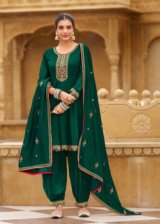 Silk Kurta Afghani Pant Dupatta Set with Fancy Work and Heavy Border Dupatta – XL & XXL