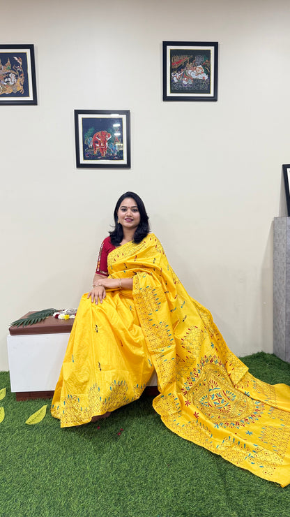 Assam Silk Saree with Kantha Stitch Hand Embroidery and Matching Blouse – Women’s Ethnic Wear