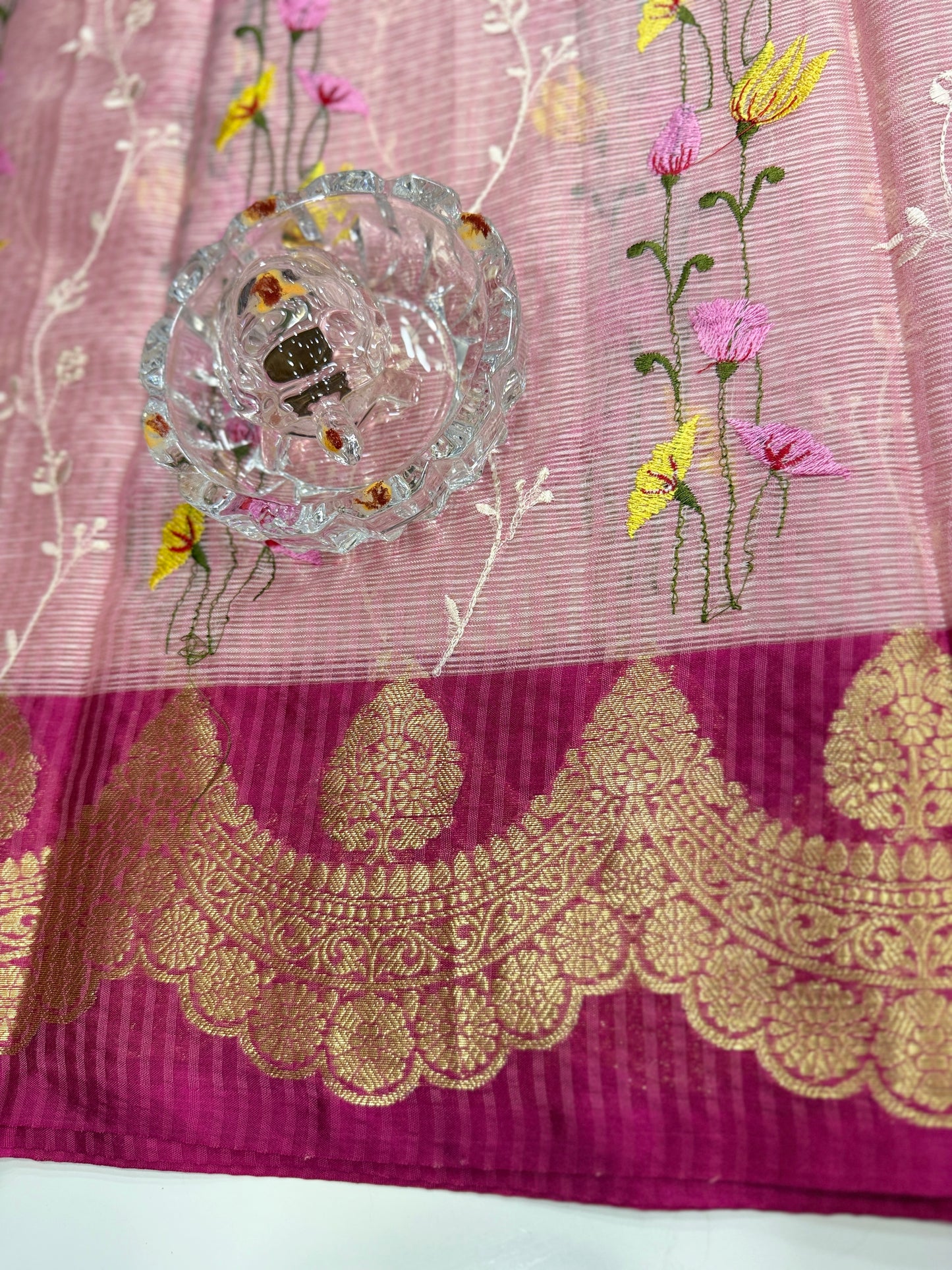 Banarasi handloom Kota check saree with mina embroidery, scalloped border and zari chit pallu