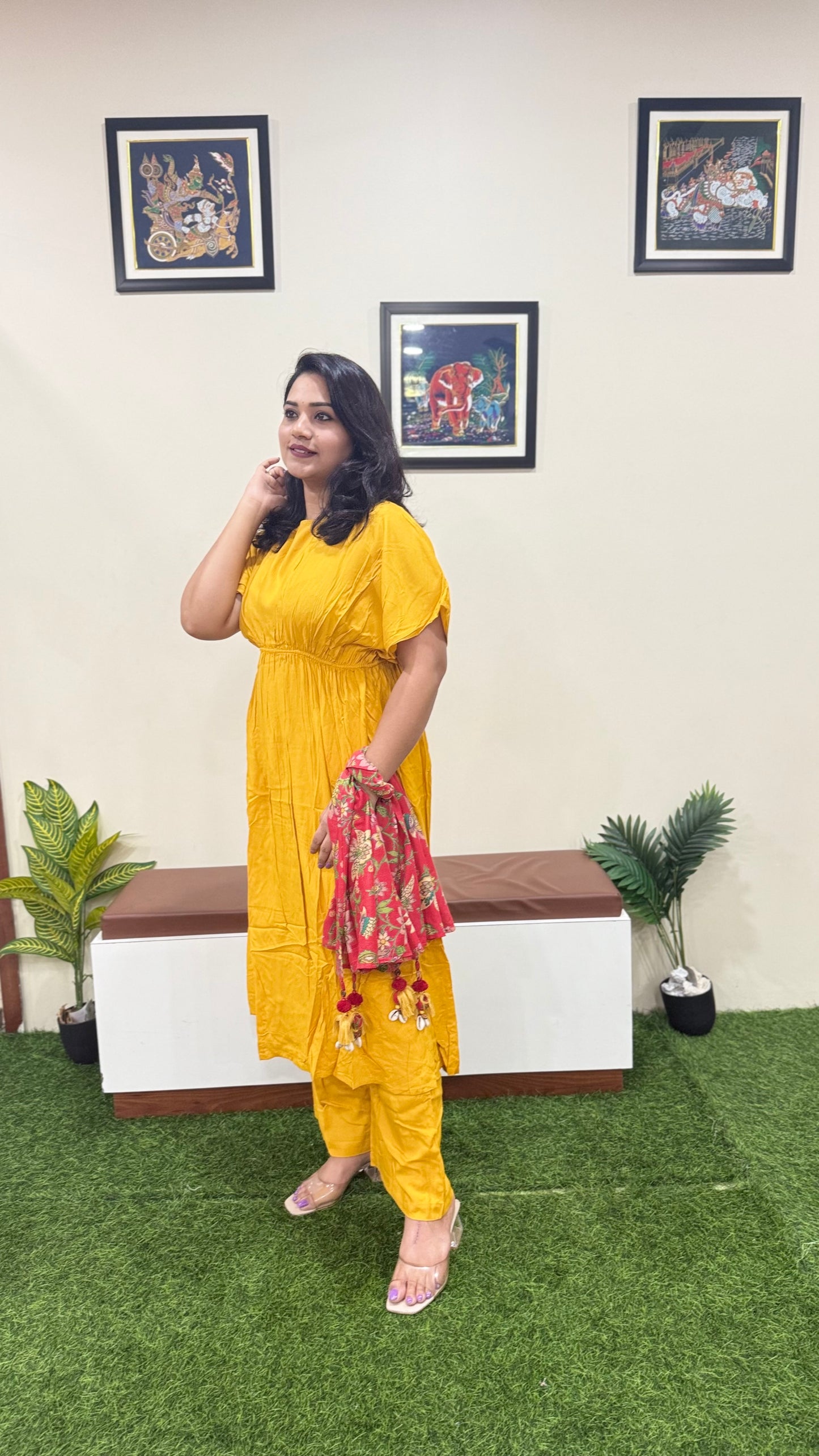 Rayon Solid Kurta Palazzo Scarf Set for Women | Mustard Flared Kurti with Pant and Printed Dupatta